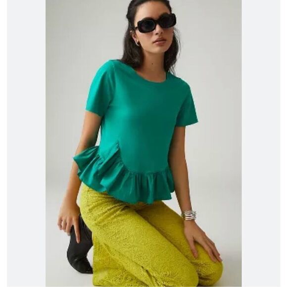 Anthropologie Maeve Ruffle Hem Peplum Top, Medium. Kelly Green - Picture 1 of 6
